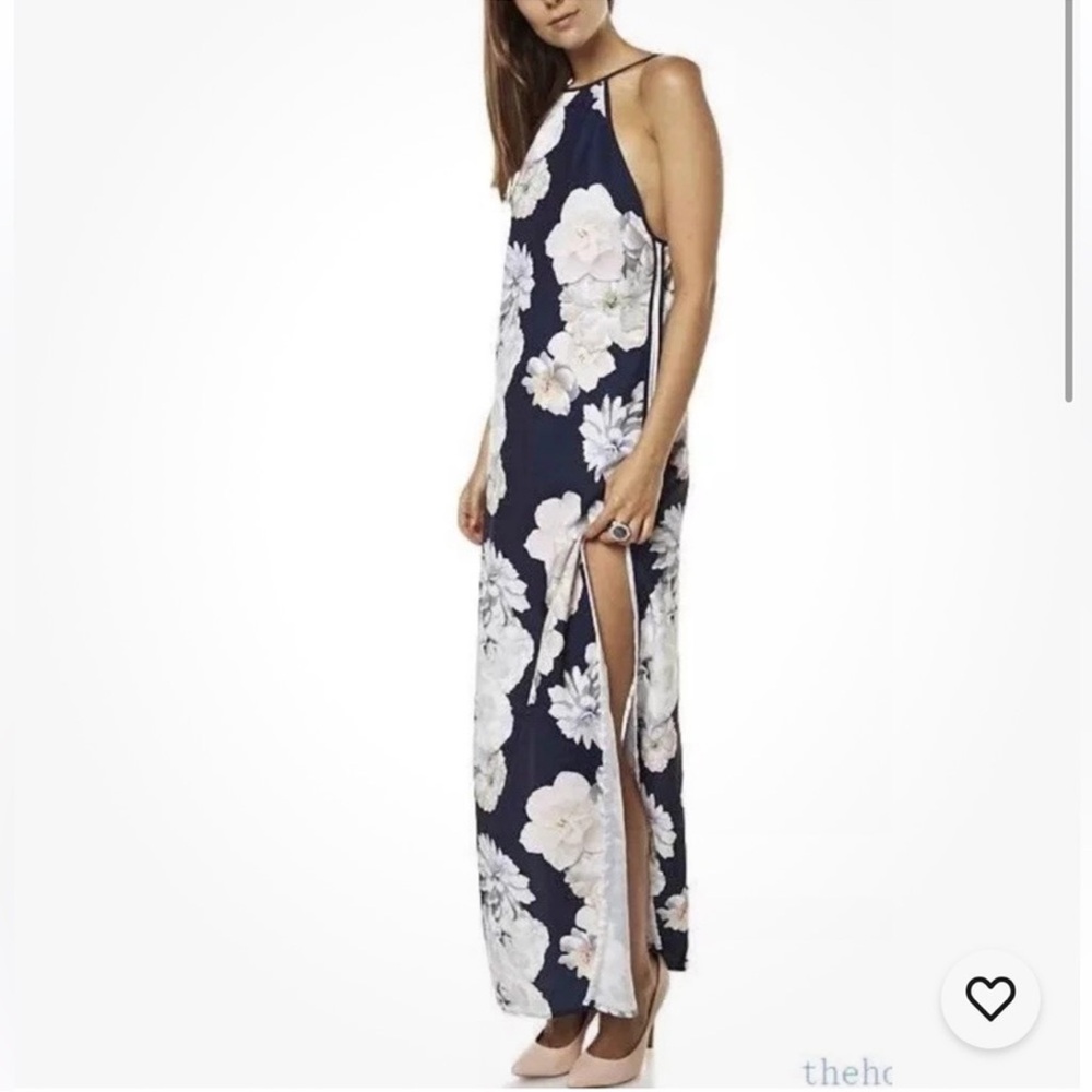 Finders Keepers Navy Floral Halter Maxi Dress with Side Slit